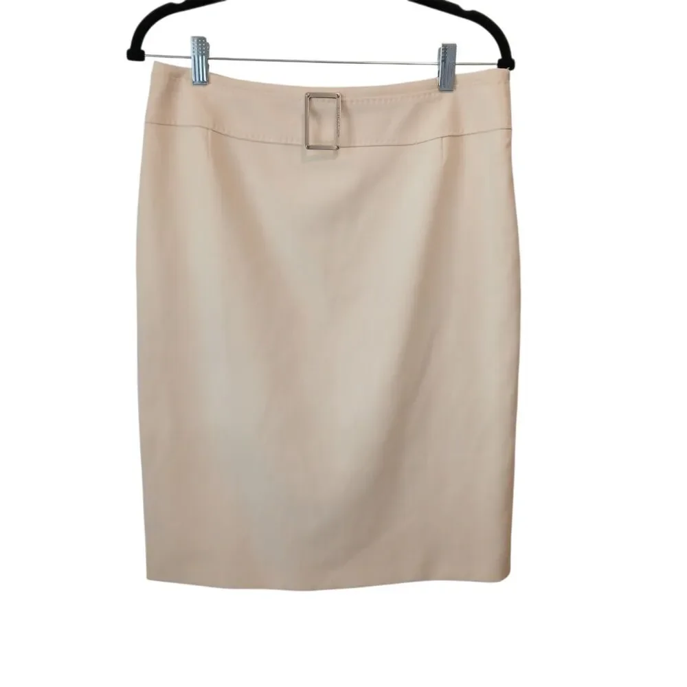 Adrienne Vittadin Skirt Ivory Cream White Size 8 Virgin Wool Silver Logo Buckle